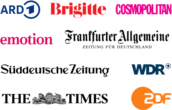 Verschiedene Logos von Sendern, Zeitschriften und Zeitungen, in denen die Gründerin der Liebeskümmerer Elena-Katharina Sohn erwähnt wird